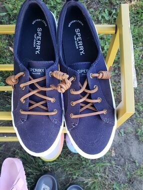 Sperry Navy Canvas Deck Shoes with Tan Laces New W/O Box